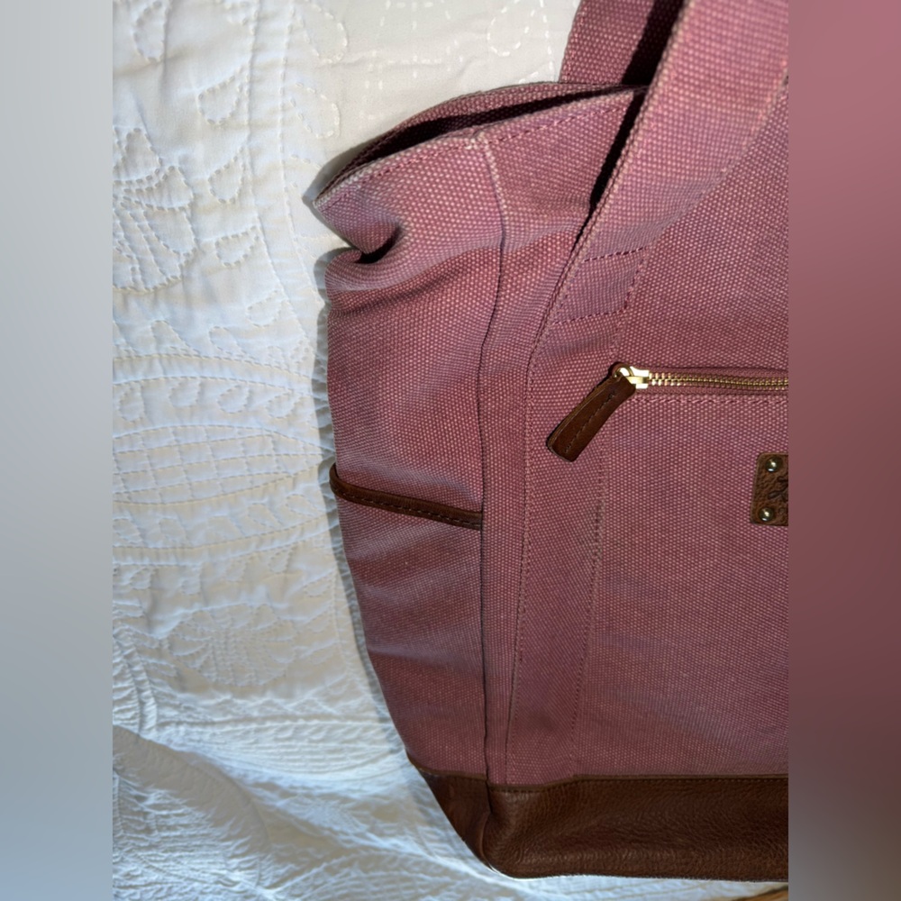 L.L. Bean Tote Canvas Bag Pink with Leather Bottom And Handles Rare Vintage - Picture 11 of 16